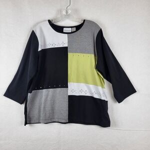 Alfred Dunner Womens XL Colorblock Rhinestone 3/4 Sleeve Top Black Green Grey